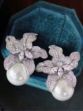 Silver Floral Pearl Drop Earrings